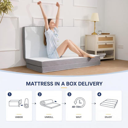 White 6 Inch Tri-Fold Memory Foam Mattress topper - Foldable Guest Bed for Camping