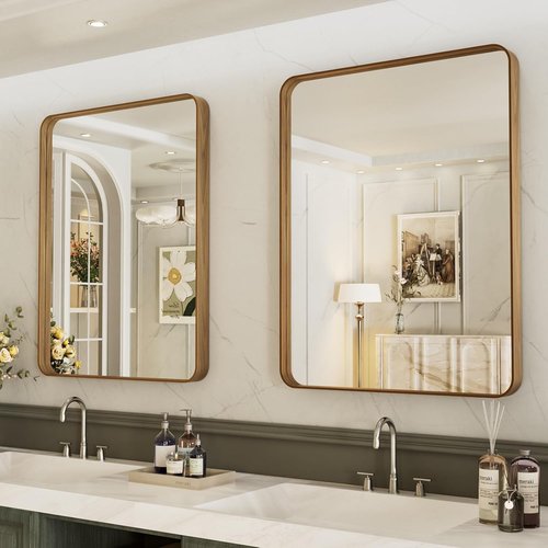 LOAAO Bathroom Mirror - 22x30 Inch Rounded Rectangle with Wood Grain Metal Frame | Anti-Rust, Versatile Hanging Options