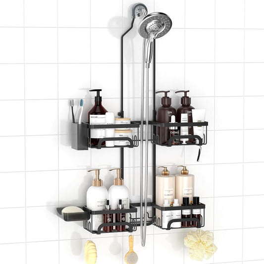 Reinhardt Adjustable Shower Caddy - Rustproof Organizer with Hooks & Soap Holder | Black