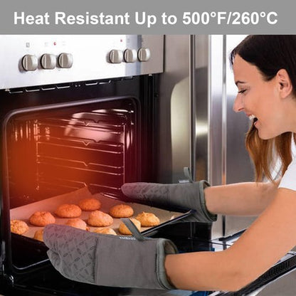 KEGOUU High Heat Resistant Oven Mitts & Pot Holders Set - Extra Long, Non-Slip Silicone, Grey