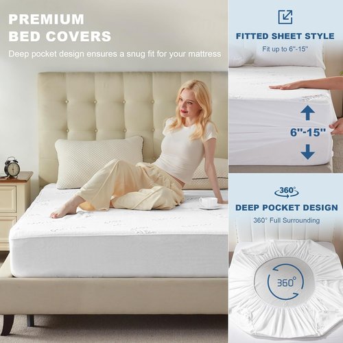 BEDLORE Waterproof Mattress Protector - Soft Bamboo Viscose Fitted Cover | Deep Pocket 6"-15" - Breathable & Noiseless