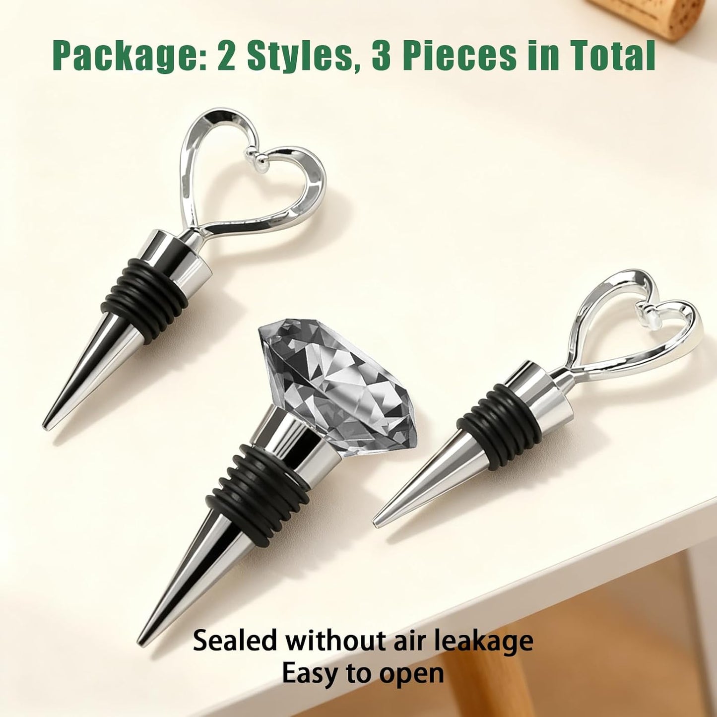 Wine stopper wine bottle stopper 3 piece mix set reusable wine bottle stopper wine drink bottle stopper long-lasting fresh decoration (3 piece set love, crystal)