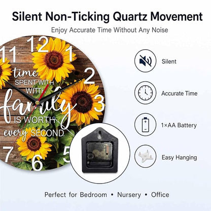 Sunflower Family Quote Wall Clock 10 Inch - Sunflower 1+10 Inch, Battery Operated