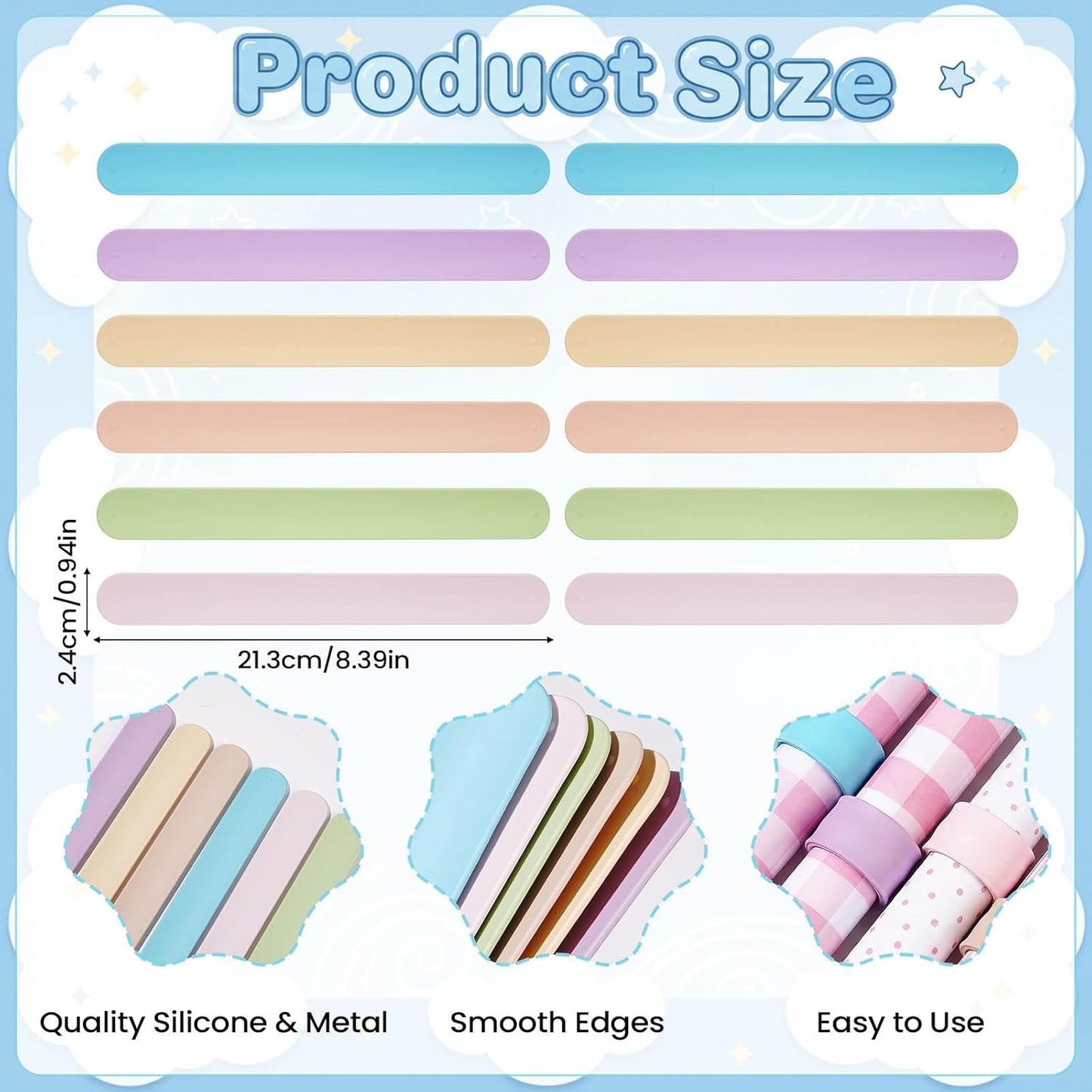Skiennix Wrapping Paper Roll Holder - 12 Silicone Covered Clips for Easy Storage | 1 x 8.5 in, Multi-Color