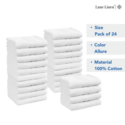 LANE LINEN White Washcloths 24 Pack - 13x13 inches - 100% Cotton - Premium Quality Wash Cloths for Bathroom - Well Stitched, Soft & Highly Absorbent Washcloths Set - Ideal for Hotel, Spa & Salons