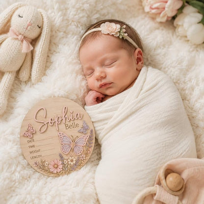Personalized Baby Name Announcement Sign – Wooden Birth Plaque, Design 2