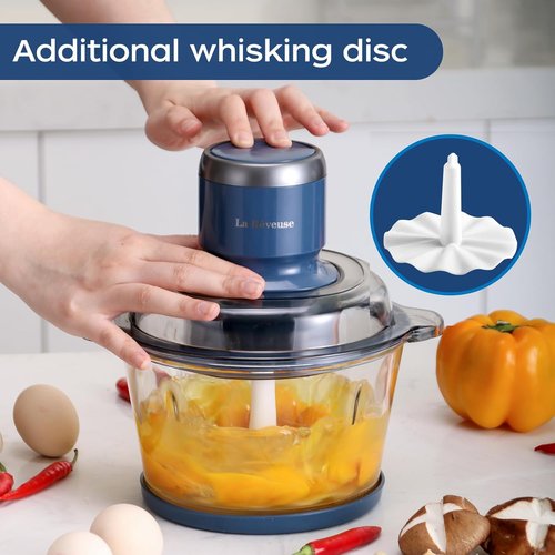 La Reveuse Food Processor - 7-Cup Electric Chopper with 4 Bi-Level Blades | 300W, Blue Glass Bowl