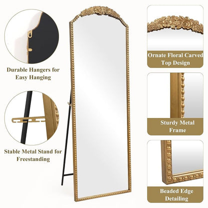 Arched Full-Length Mirror 22x65 in Vintage Gold Beaded Frame - Freestanding or Leaning