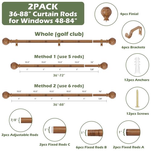 HTZON 2 Pack Wood Curtain Rods 48 to 84 Inch,1 Inch Adjustable Curtain Rod,Netted Texture Window Curtains Rods,Farmhouse Rustic Heavy Duty Curtain Rods,Brown Wood Grain Decorative Drapery Rods 36-88"