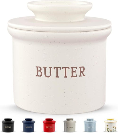 Kook Butter Keeper Dish - French Ceramic Crock with Lid for Soft Butter | Matte Oatmeal, Perfect Holiday Gift