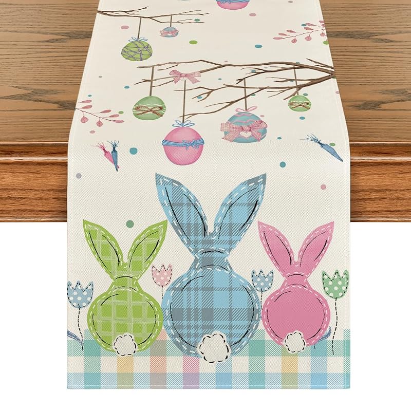 Buffalo Plaid Bunny Easter Table Runner - 13 x 60 inch, Seasonal Spring Decor (Variation: Blue/Pink/Green)