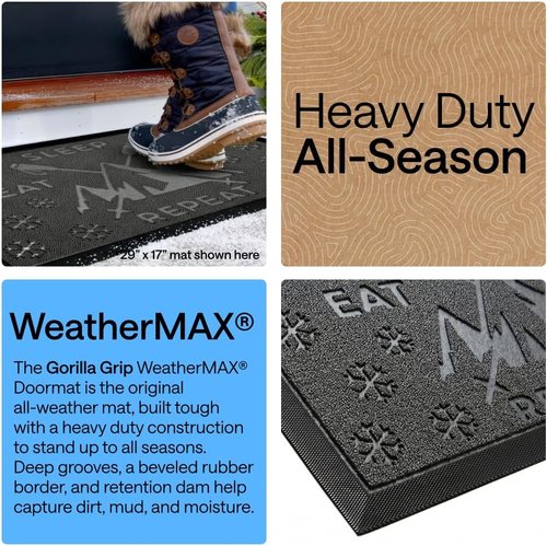 GORILLA GRIP Waterproof All-Season WeatherMAX Doormat - 35x23" Natural Rubber, Stain & Fade Resistant, Easy Clean, Graphite