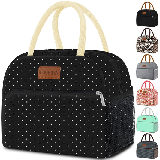 Coobiiya Lunch Bag Women,Lunch Box LunchBag for Women Adult Men, Small Leakproof Cute Lunch Tote Large Capacity Reusable Insulated Cooler Lunch Container for Work/Office/Picnic/Travel-Black Polka Dot