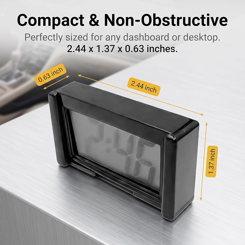 Small Digital Clock with Calendar Display – Self-Adhesive LCD Desk/Car Clock (Black)