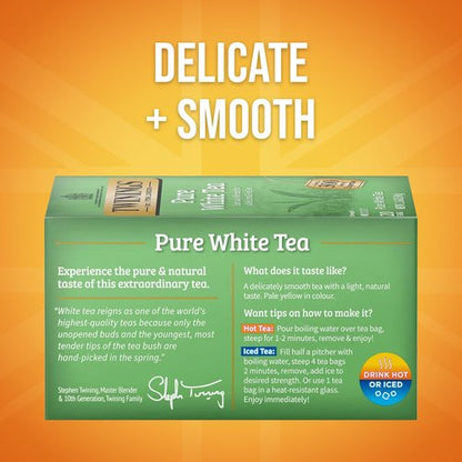 Twinings Pure White Tea Individually Wrapped Bags, 20 Count (Pack of 6), Light & Fresh, Caffeinated, Enjoy Hot or Iced, 120 Teabags