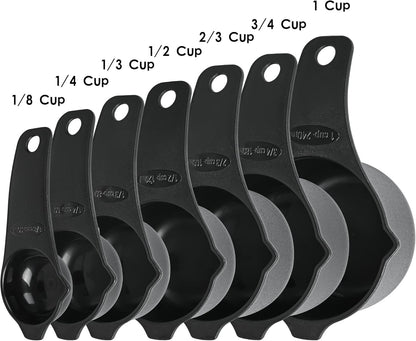 Skiennix Measuring Cups and Spoons Set - 15-Piece Plastic Kitchen Tools with Long Handle Spoons & Leveler - Black