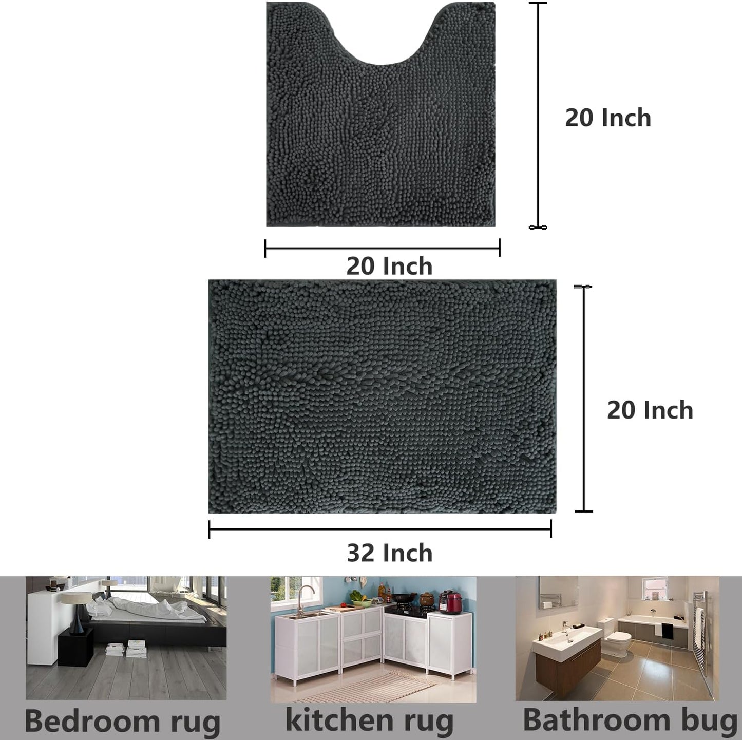 Skiennix Bathroom Rug Set - Extra Thick, Absorbent & Non-Slip | Soft Plush, Dark Grey, 2-Piece