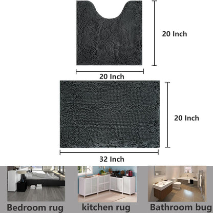 Skiennix Bathroom Rug Set - Extra Thick, Absorbent & Non-Slip | Soft Plush, Dark Grey, 2-Piece