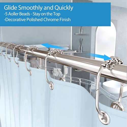 MENGJINGO 12PCS Wide Shower Curtain Hooks Rings, Rust Proof Stainless Steel, Heavy Duty Shower Hooks Rings for Bathroom Shower Rods Curtains Liners, Easy Glide Rollers, Set of 12,Chrome