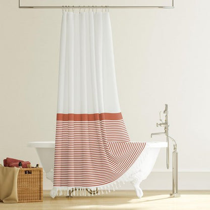 Dynamene Orange Fabric Shower Curtain, Farmhouse Boho Striped Tassel Shower Curtain for Bathroom, Bohemian Textured Cloth Shower Curtain Set with Hook, Water Repellent, Wrinkle Free, 72x72