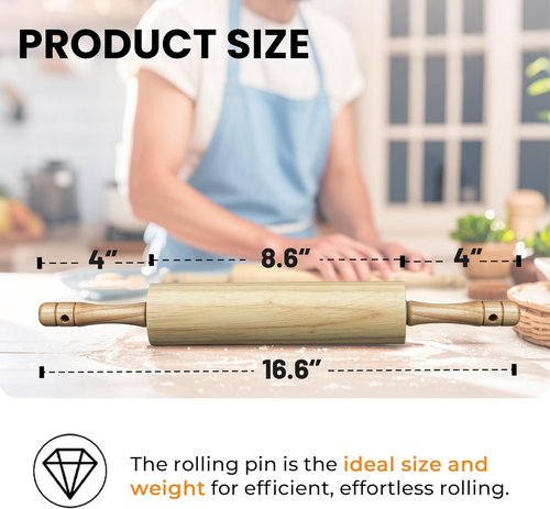 KARRYOUNG Rubber Wood Rolling Pin - Durable Kitchen Dough Roller with Handles | Perfect for Pizza, Bread, and Tortillas