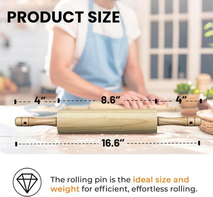 KARRYOUNG Rubber Wood Rolling Pin - Durable Kitchen Dough Roller with Handles | Perfect for Pizza, Bread, and Tortillas