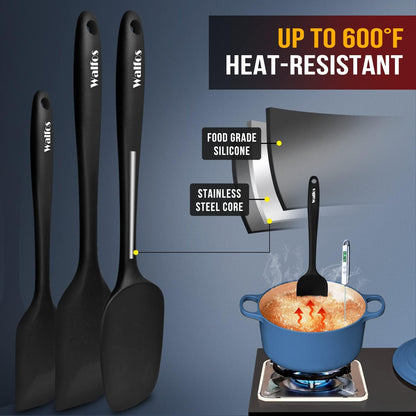 Walfos Silicone Spatula Set of 5 - High Heat Resistant (600°F) Kitchen Scrapers | BPA Free, Dishwasher Safe, Black