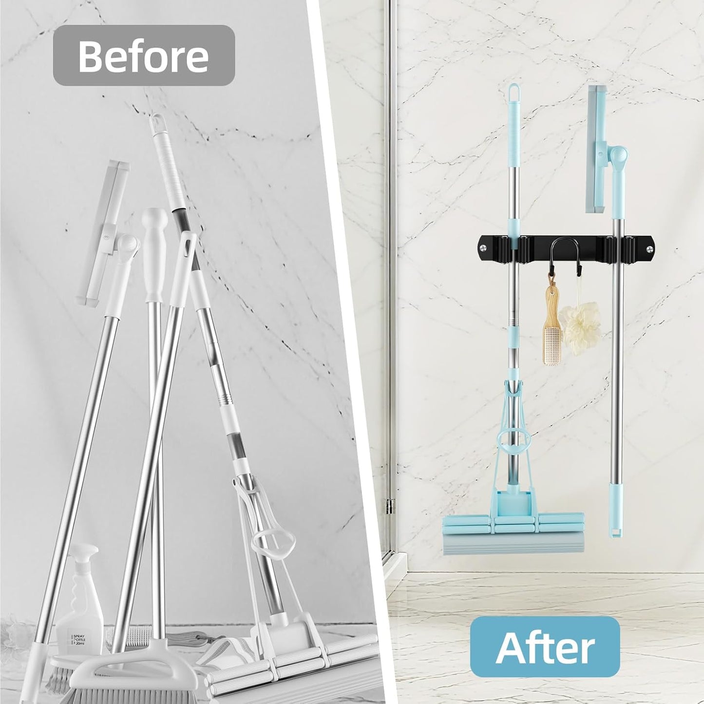 Stainless Steel Broom Holder Wall Mount - 2 Slots & 2 Hooks Organizer for Home, Garage & Garden