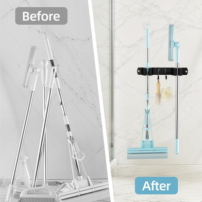 Stainless Steel Broom Holder Wall Mount - 2 Slots & 2 Hooks Organizer for Home, Garage & Garden