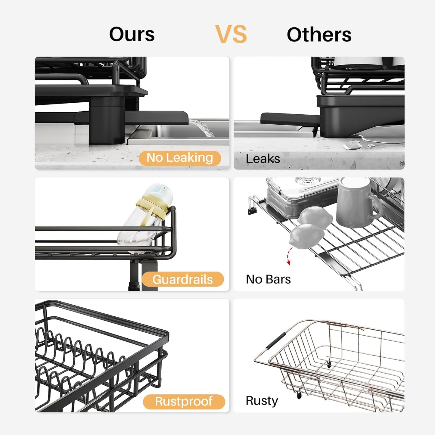 SNTD Dish Drying Rack - Extendable Stainless Steel Dish Drainer with Utensil Holder | Black