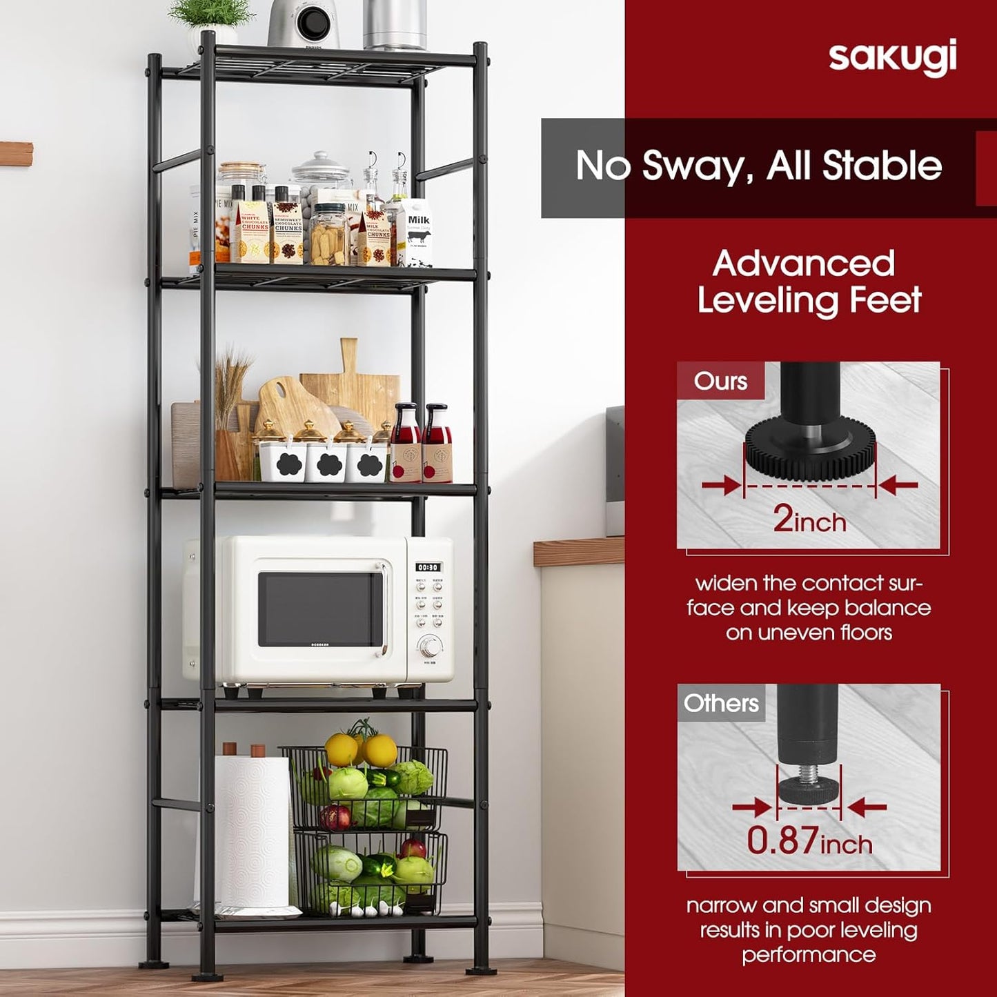 Sakugi Storage Shelves - Heavy Duty 5-Tier Shelf Organizer for Kitchen, Pantry & Garage | 18.4" W x 12.6" D x 57.4" H, Black