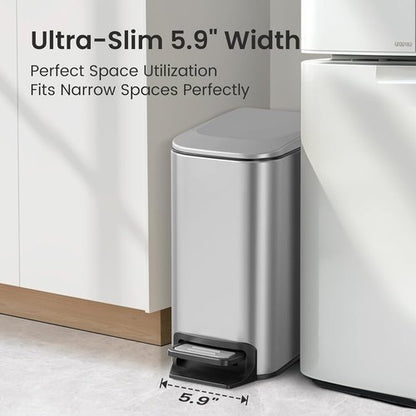 Cesun Stainless Steel Small Bathroom Trash Can - Soft Close Lid & Step Pedal | 6 Liter Mini Garbage Bin (Silver)