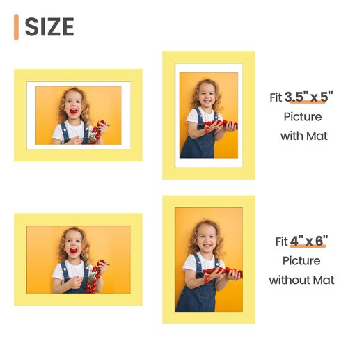 upsimples 4x6 Picture Frame, Display Pictures 3.5x5 with Mat or 4 x 6 Without, Wall Hanging Photo Frames, Yellow, 1 Pack