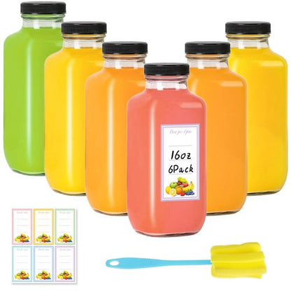 Dayify 6 Pack 16oz Glass Juice Bottles with Lids, 480ml Drinking Bottles with Caps, Reusable Square Glass Jars Drink Containers Water Bottle for Juicing, Milk, Smoothies, Kombucha