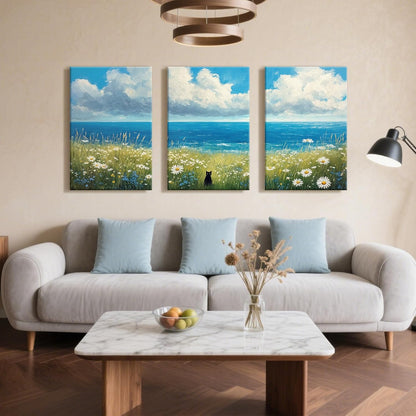 Skiennix Black Cat Canvas Wall Art Set - 3 Piece Abstract Beach Floral Prints | 12"x16" Wrapped Frame