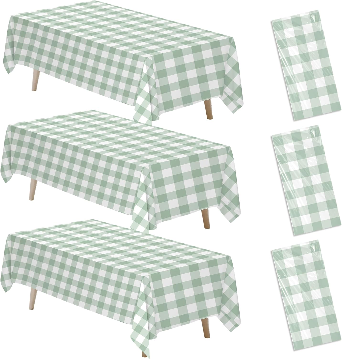 Sage Green Gingham Tablecloths - 3 Pack Disposable Plaid Party Supplies | 55in x 86in for Events