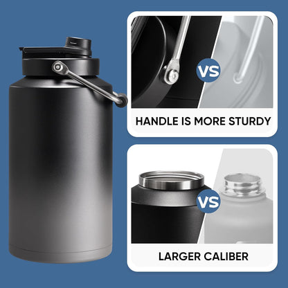 Skiennix One Gallon Insulated Water Bottle - 2-in-1 Straw & Spout Lid, Leakproof, 128oz, Black & Grey