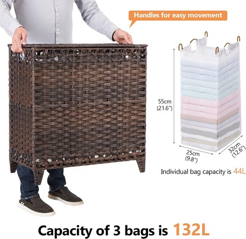 Handwoven Rattan Laundry Hamper - 132L with 3 Removable Liner Bags & Lid | Brown Clothes Sorter