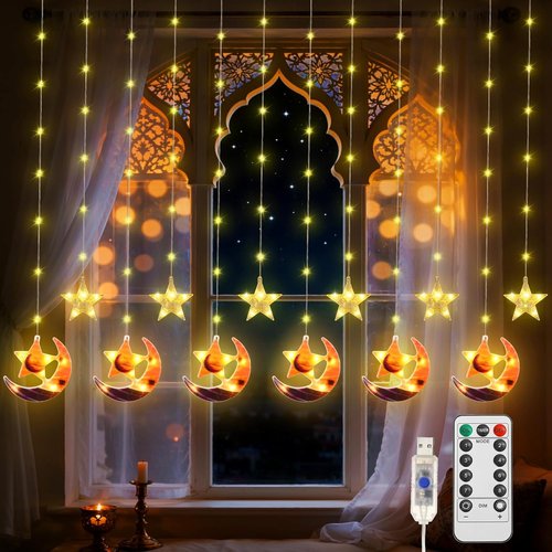 Lewondr 138 LED Moon Star Fairy Lights - USB Powered Curtain String Lights with Remote Control | 8 Modes & 6H Timer for Ramadan Decorations