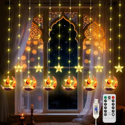Lewondr 138 LED Moon Star Fairy Lights - USB Powered Curtain String Lights with Remote Control | 8 Modes & 6H Timer for Ramadan Decorations