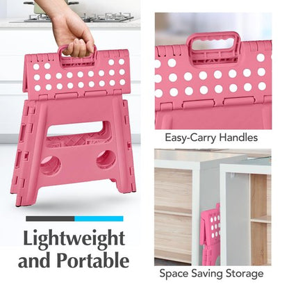 Handy Laundry Folding Lightweight Step Stool - Sturdy Enough to Support Adults and Safe Enough for Kids - Opens Easy with One Flip - Great for Kitchen, Bathroom or Bedroom (Pink - 13 inch)