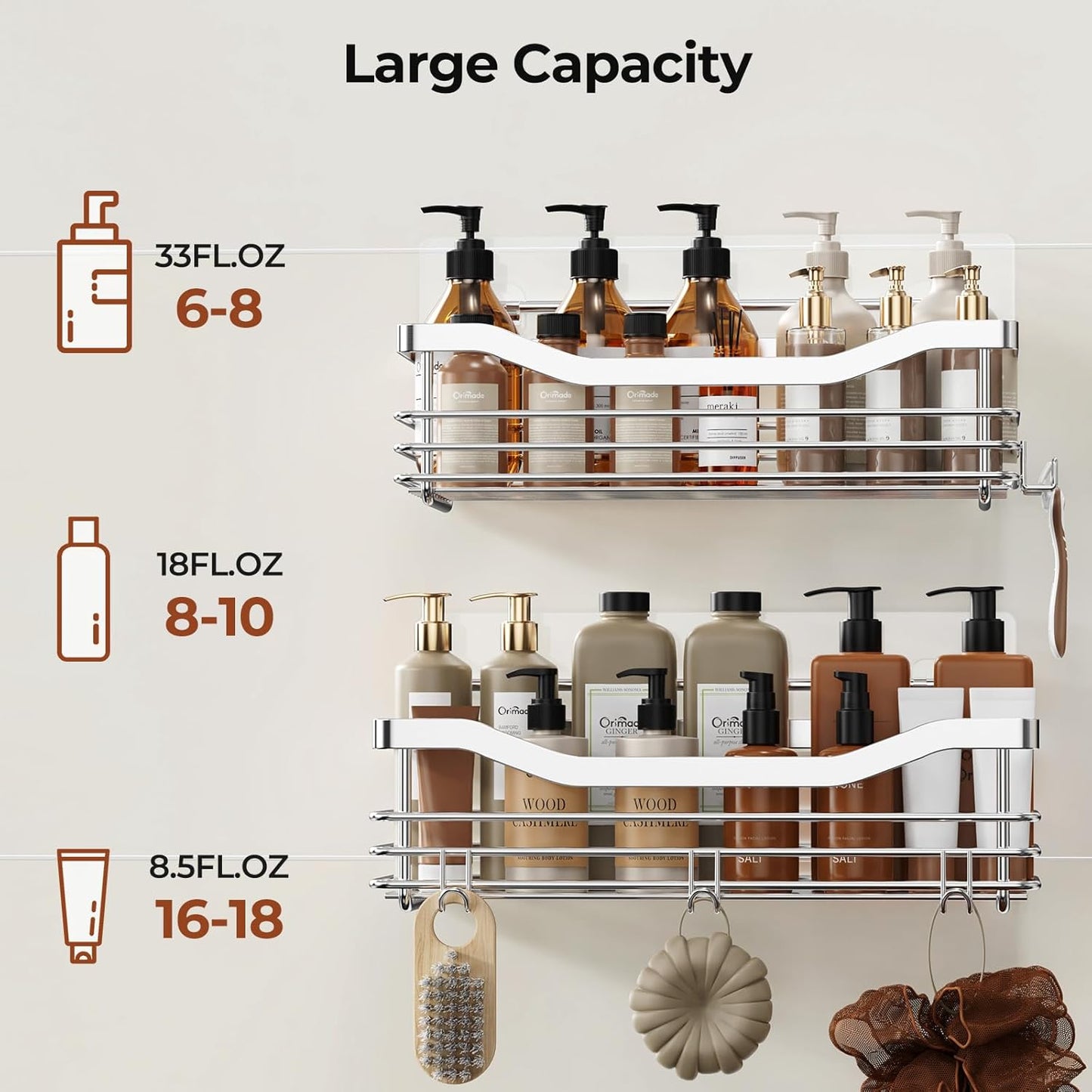 Orimade Shower Caddy | Wall-Mounted Storage Rack - Rust-Resistant Stainless Steel, Pack of 2 with 5 Hooks