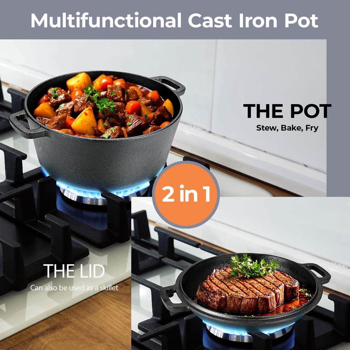 TLGREEN Cast Iron Dutch Oven Pot with Lid,Cast Iron Pot (5.1QT) and Cast Iron Lid as a Skillet(1.9QT) - Dutch Oven Cast Iron with Silicone Holders, Iron Stand, for Oven, Stove, Grill，Campfire