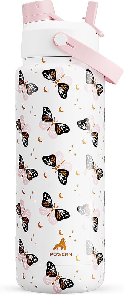 POWCAN 32 oz Insulated Water Bottle - 2-in-1 Straw & Spout Lid, Leak-Proof, BPA-Free | Ombra Butterfly