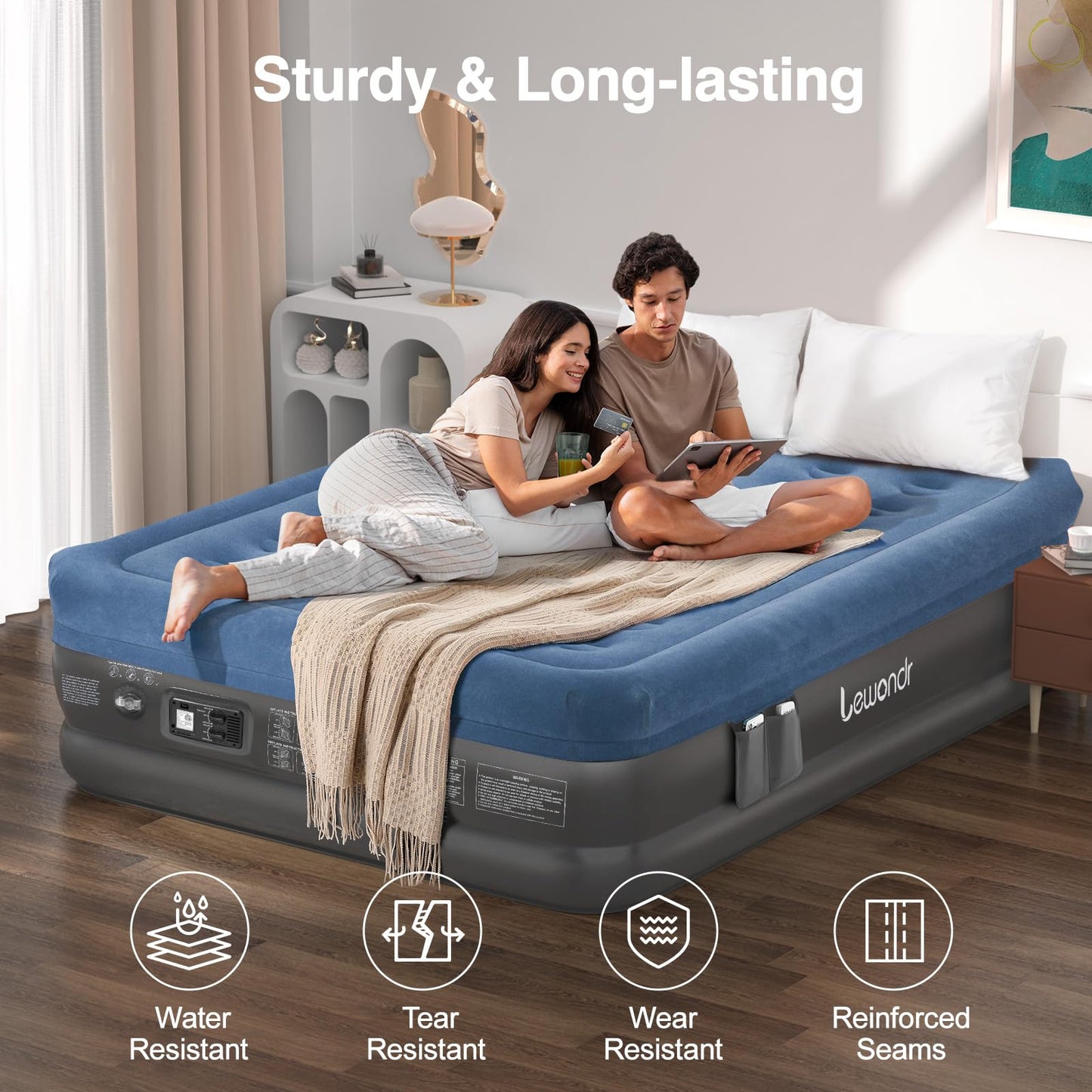 Lewondr Queen Air Mattress with Built in Pump, 18" Deluxe Blow Up Mattress Airbed, Comfy Self Inflating Air Mattress, 3Min Fast Inflatable Mattress for Camping, Home, Guests, Travel(661lb MAX), Blue