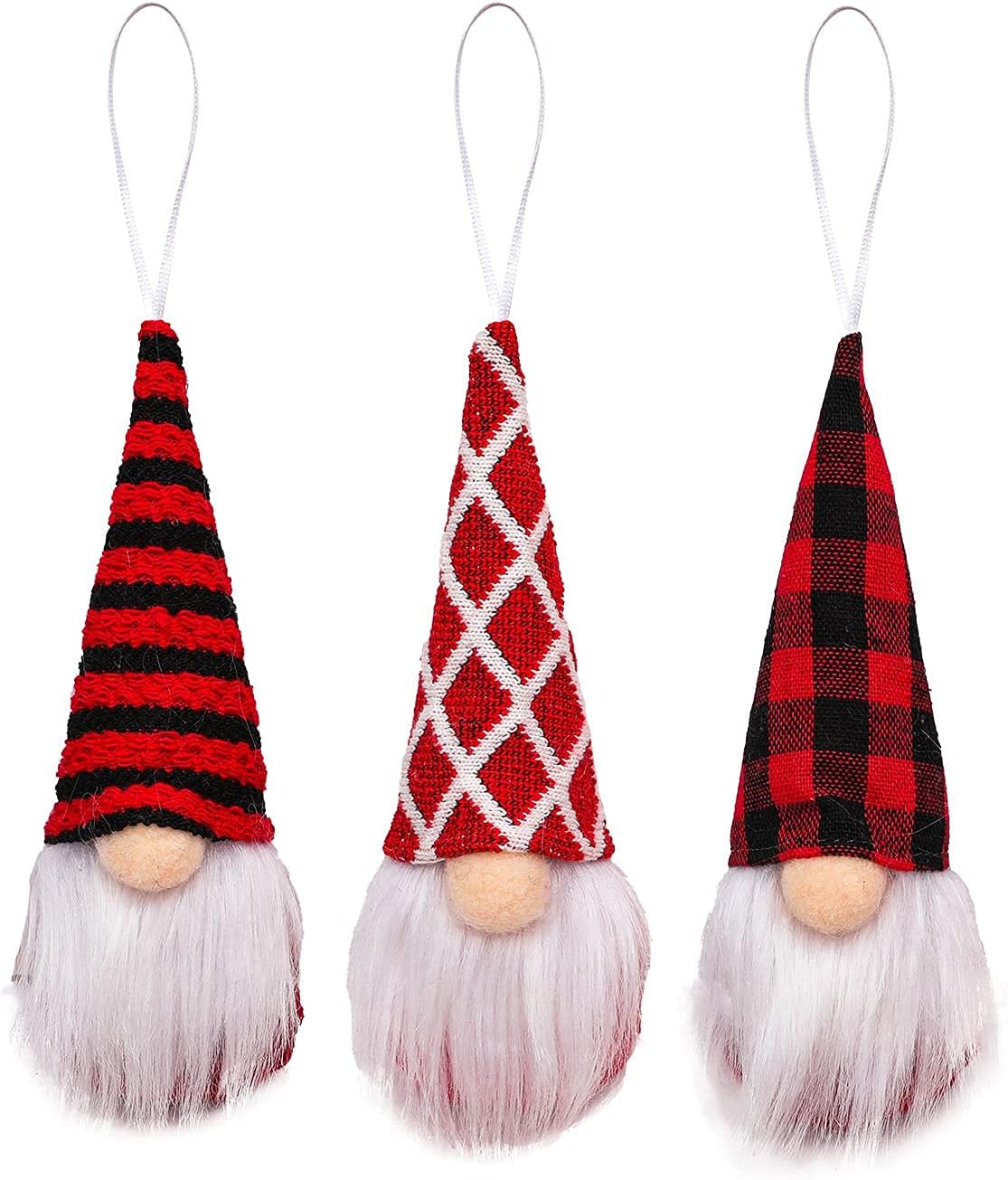 Skiennix Gnome Christmas Ornaments - Set of 3 Plush Tomte Santa Gnomes for Holiday Decor | Red