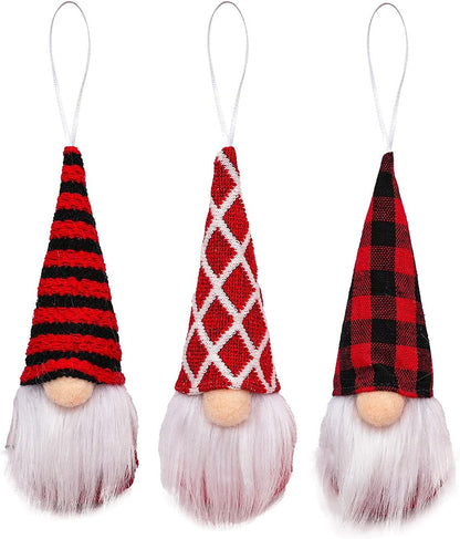Skiennix Gnome Christmas Ornaments - Set of 3 Plush Tomte Santa Gnomes for Holiday Decor | Red