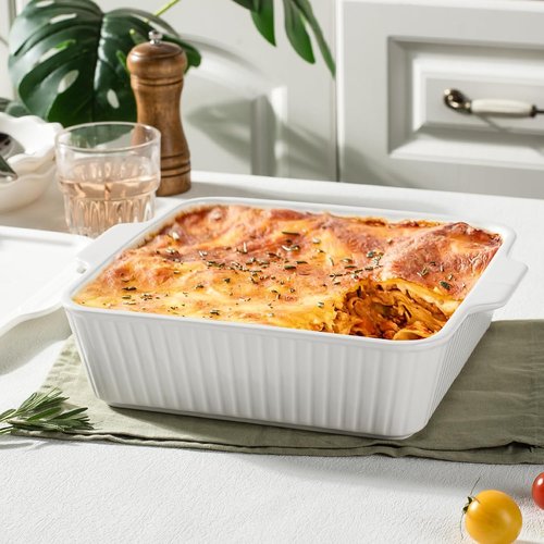 Dizada 10" Square Casserole Dish with Lid - Versatile 2.6 Qt Porcelain Bakeware for Lasagna & Cakes