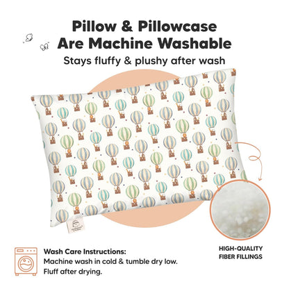 My Little Dreamy Toddler Pillow - Soft Organic Cotton Travel Pillow with Pillowcase | 13x18, Machine Washable, Hot Air Balloon Design