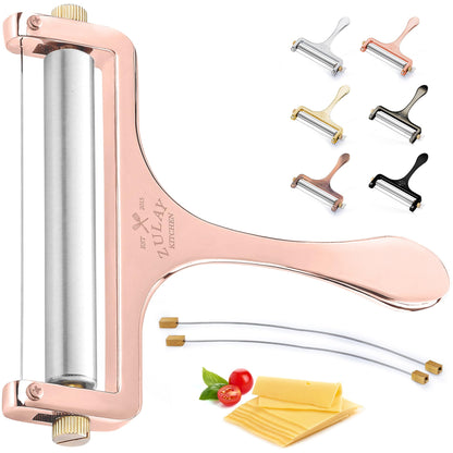 Zulay Cheese Slicer With Adjustable Thickness - Wire Cheese Slicer For Mozzarella Cheese, Cheddar Cheese, Gouda Cheese - Cheese Slicers For Block Cheese Heavy Duty With 2 Extra Wires (Rose Gold)